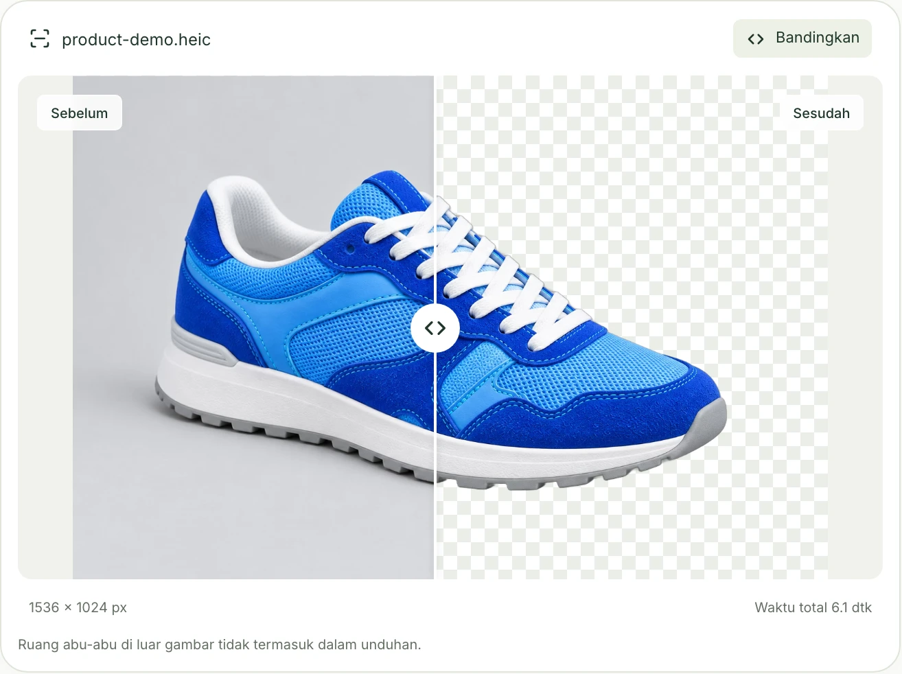 Sepatu biru dalam tampilan perbandingan Mattevia, dengan latar asli di kiri dan pratinjau latar transparan di kanan.
