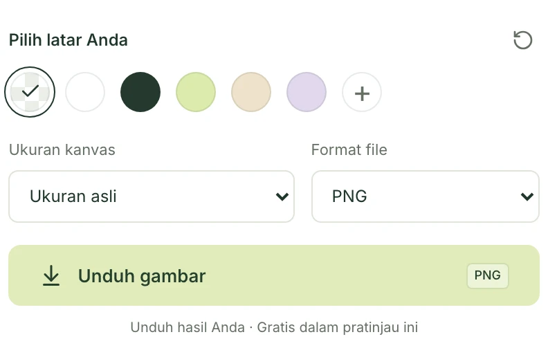 Pengaturan ekspor Mattevia dengan pilihan latar Transparan bertanda kotak-kotak dan format PNG.
